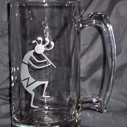 etched beer mug with Kokopelli design